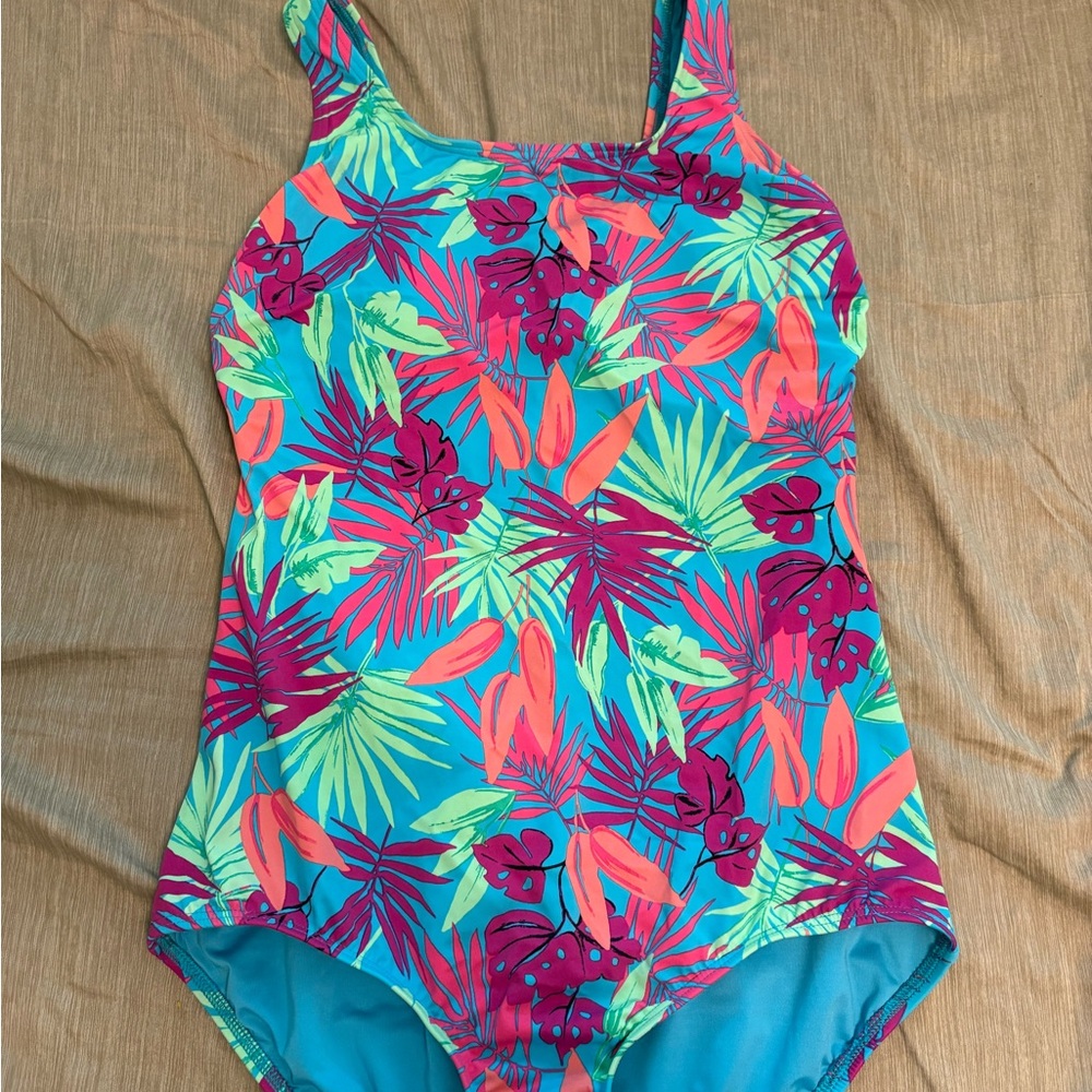Lands' End Blue and Pink One Piece Swimsuit Tropical Print